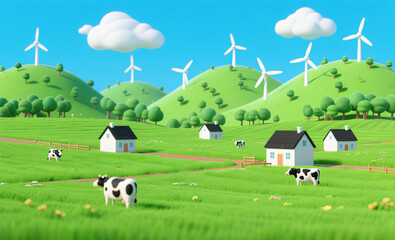 Joyful Cartoon Countryside with Windmills, Cows, and Cottage