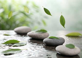 Fototapeta premium Zen balance of smooth stones with green leaves in water ripples and soft light