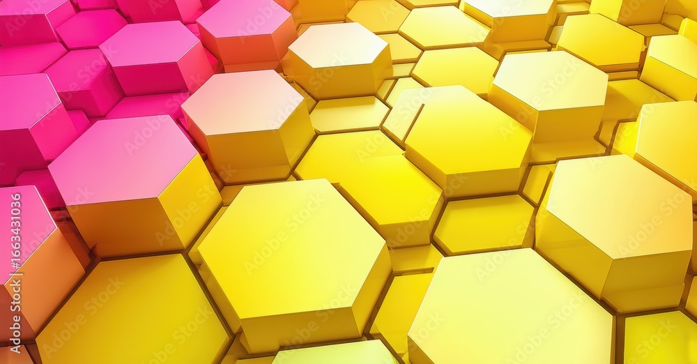 Poster Hexagonal pattern dominates image. Pink transitions to vibrant yellow creating textured surface. Geometric shapes suggest honeycomb structure.