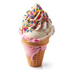 Melted ice cream cone with vanilla and pink flavors topped with colorful sprinkles