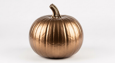 A shiny bronze pumpkin with a visible stem sitting on a white surface in a studio setting for fall...