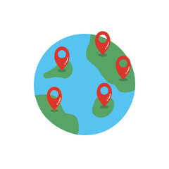 Earth with location pin pointer mark icon. Global, international, navigation, location, distance concepts. Flat vector design isolated illustration.