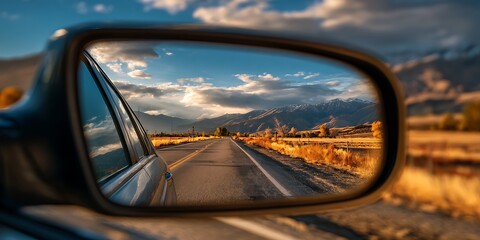 View of an open road and blue sky with clouds seen through a car's rear-view mirror capturing the journey ahead. Generative Ai.