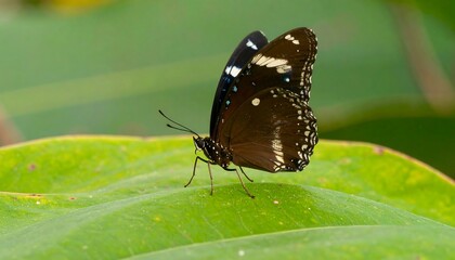 Obraz premium A detailed close-up view of a butterfly with dark brown wings featuring white and light blue markings, resting gracefully on a vibrant green leaf.