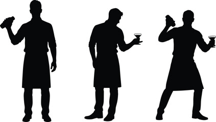 Silhouette set of bartenders mixing and serving drinks with cocktail shakers and glasses for bar, restaurant, and design concept use