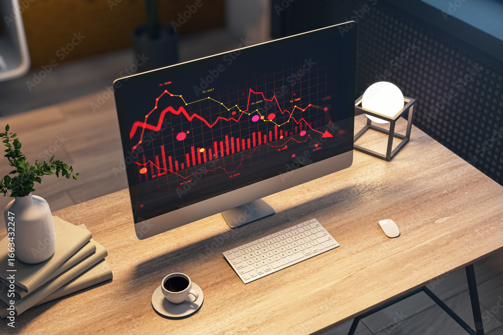 Poster stock market crash chart on desktop monitor showing financial crisis indicators in red tones on offi