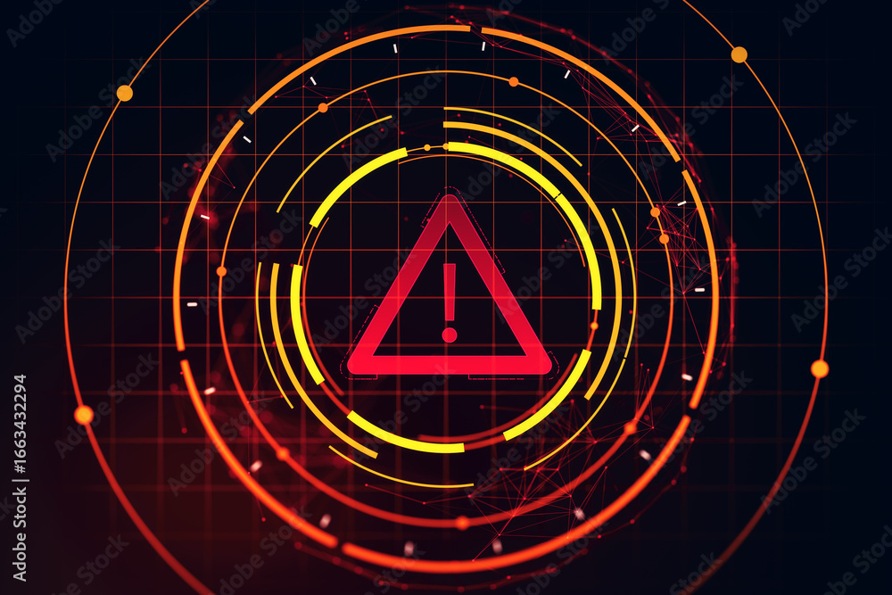 Poster digital red warning exclamation icon surrounded by abstract circular hud interface on dark backgroun