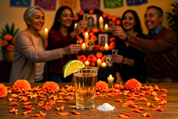 Close Up of Tequila Glass with Group of Celebrating People Raising Glasses in Background