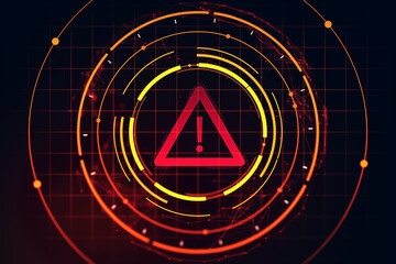 Digital red warning exclamation icon surrounded by abstract circular HUD interface on dark background indicating cybersecurity threat alert screen. 3D Rendering