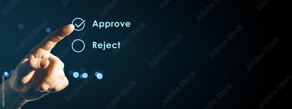Poster finger pressing approve button on digital interface with reject option on dark background, symbolizi