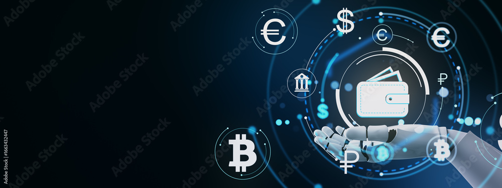 Poster futuristic robotic hand holding digital wallet icon with cryptocurrency and currency symbols in glow
