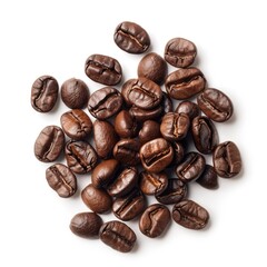 Roasted coffee beans clustered on white background