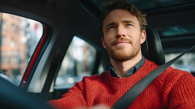 Man Driving Red Car with Calm Expression in Urban Environment