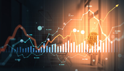 Financial market data with rising graphs and bar charts over modern office background illuminated by warm light, representing economic growth trend.