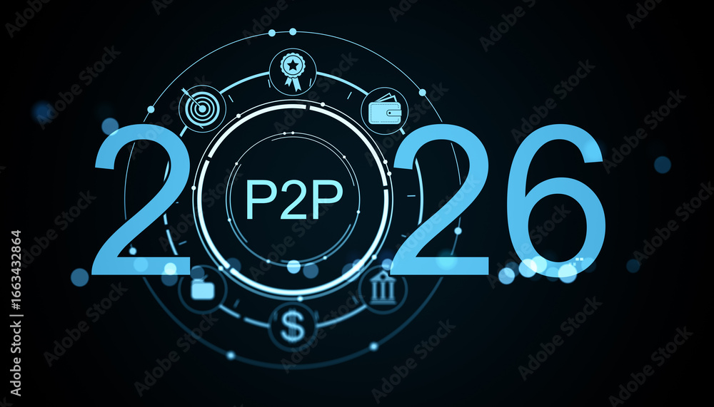 Poster p2p fintech digital interface with futuristic icons and holographic design representing peer-to-peer