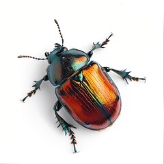 Close-up of a colorful beetle with iridescent hues of teal, bronze, and orange, seen from above on a white background