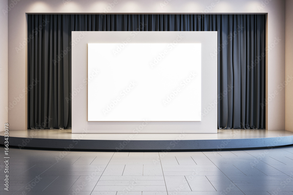 Aufkleber modern presentation stage with blank white billboard screen and dark curtains in clean minimalist in