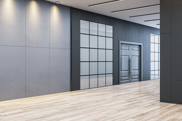 Modern office corridor with spotlight-lit concrete wall, wooden floor, glass panels, and closed double doors in contemporary building interior. 3D Rendering