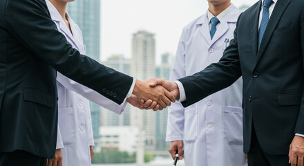 Two individuals in professional attire engage in a handshake, symbolizing agreement, collaboration, and partnership, with a backdrop of blurred structures.