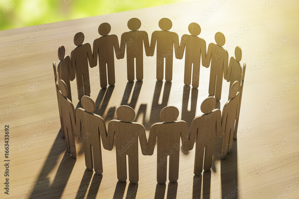 Aufkleber wooden human figures holding hands in a circle symbolizing unity and support on a wooden surface und