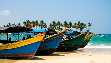 Naklejka premium Colorful fishing boats on a tropical beach