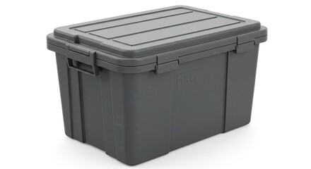 Gray plastic storage bin with a lid on a white surface