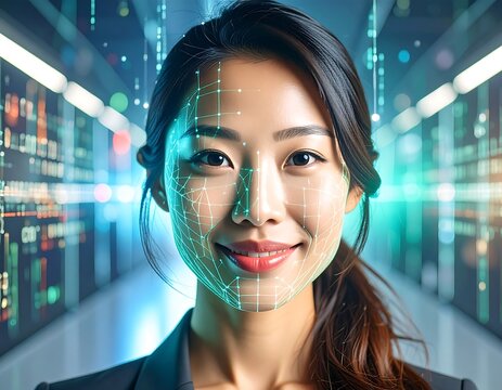Woman's face with facial recognition overlay in a server room - Powered by Adobe