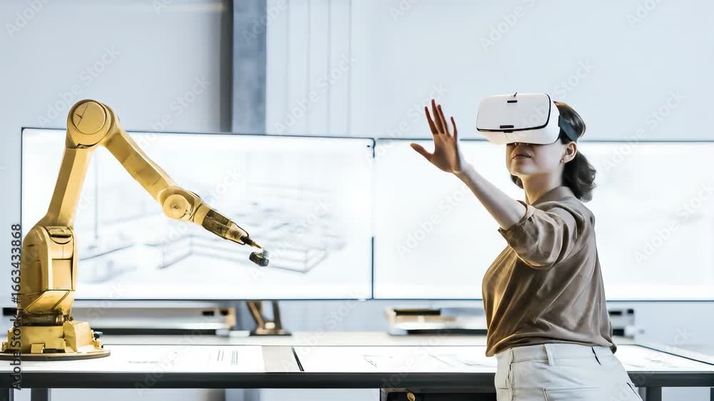 Poster female designer wears vr headset to simulate automated factory with robotic arms. futuristic assembl