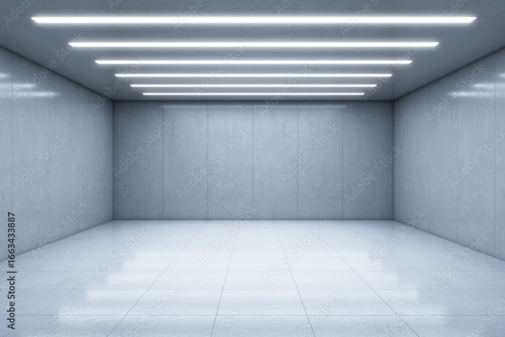 Poster empty modern concrete room with led ceiling lights and glossy tiled floor, perfect for product prese