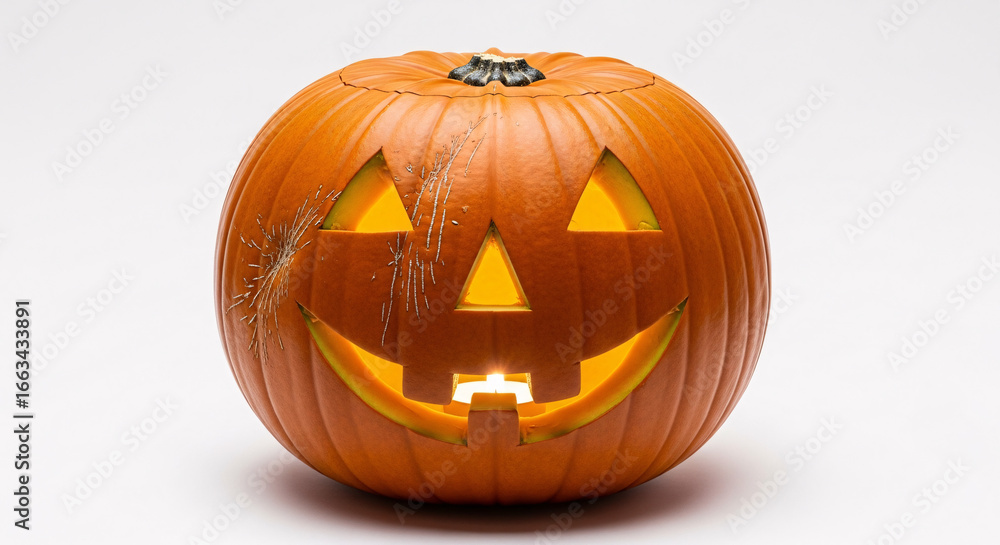 Poster illuminated jack o lantern with triangular eyes and a smiling mouth on a white background surface