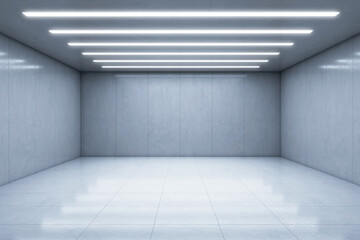 Empty modern concrete room with LED ceiling lights and glossy tiled floor, perfect for product presentation or branding mockup backdrop template. 3D Rendering