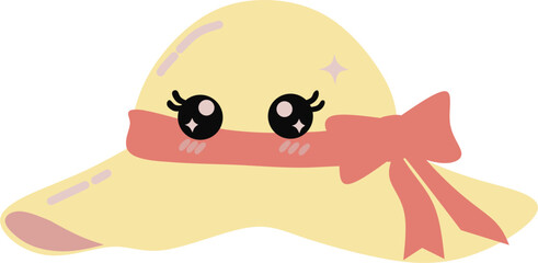 Cute Hat Vector Illustration with Ribbon and Kawaii Eyes Cartoon Style