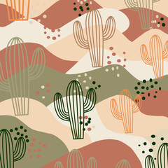 Cactus Vector Pattern Desert Landscape Background Illustration with Abstract Shapes and Line Art in Earth Tone Palette