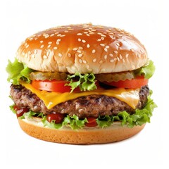 A classic cheeseburger, topped with lettuce, tomato, pickles, and cheese, sits on a sesame seed bun