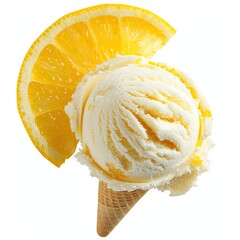 Lemon-flavored ice cream scoop on waffle cone, topped with orange slice