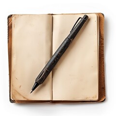 Open vintage notebook with pen