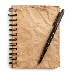 Spiral-bound notebook, aged kraft paper cover, pen