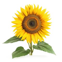 Vibrant sunflower with detailed petals and leaves, isolated on white