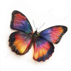 Vibrant, colorful butterfly with intricate patterns, displayed against a plain white background