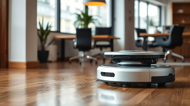 a robot vacuum cleaner working on a carpet in a new living room