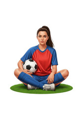 Young female soccer player with ball sitting on grass, ready for the game, a symbol of sports, health, and fitness