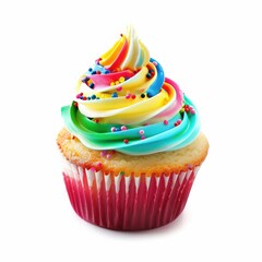 Vibrant rainbow cupcake with colorful frosting and sprinkles