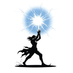 Warrior Silhouette Summoning Energy Blast Against White Background
