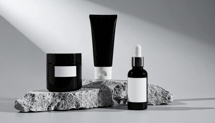 Minimalist Black Cosmetic Product Set on Textured Grey Rock, Featuring Jar, Tube, and Dropper Bottle with White Labels
