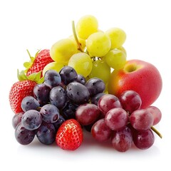 Colorful assortment of fresh fruits, including strawberries, green and red grapes, and a peach-colored apple