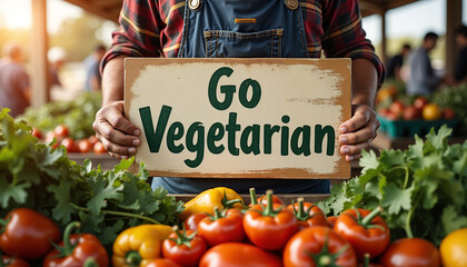 Person holding 'Go Vegetarian' sign amidst fresh vegetables at market  
