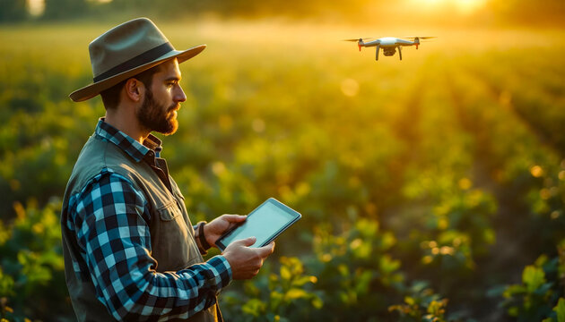 European smart farming with drone technology and precision agriculture featuring farmers using tablets in fields with modern agritech sustainable irrigation systems and innovative digital agriculture