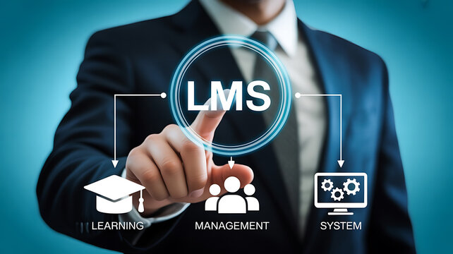 Businessman Pointing at LMS Learning Management System Concept with Icons Representing Online Education Training and E-Learning Platform

