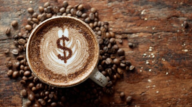 Hot Coffee with Money Icon Art and Scattered Sugar on Wood Background