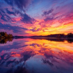 Vibrant sunset reflecting on calm lake, autumn trees